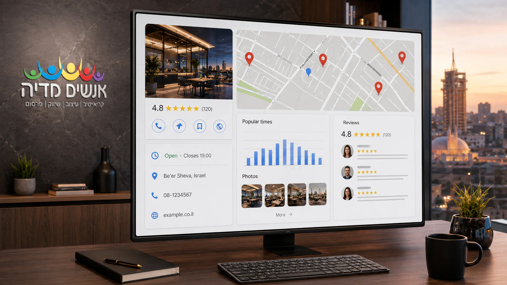 Google Business Profile לעסק מקומי עם מפה ביקורות דירוגים ושעות פעילות