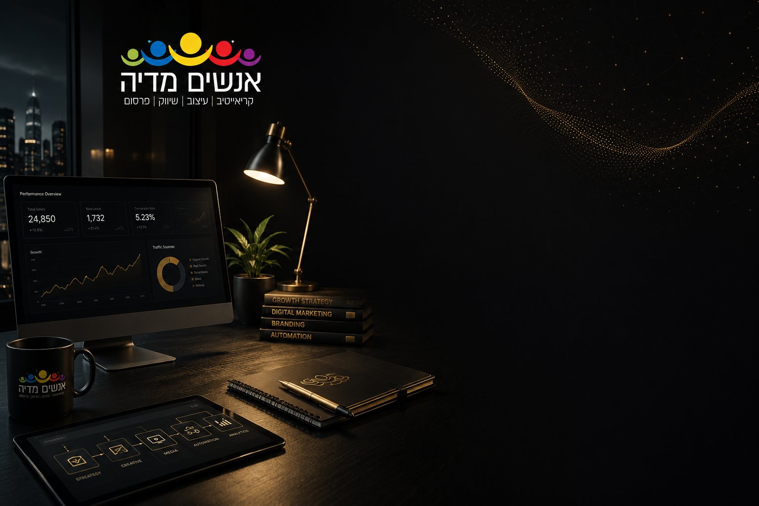 סביבת עבודה אסטרטגית עם מסכי נתונים וכלים לשיווק וצמיחה עסקית