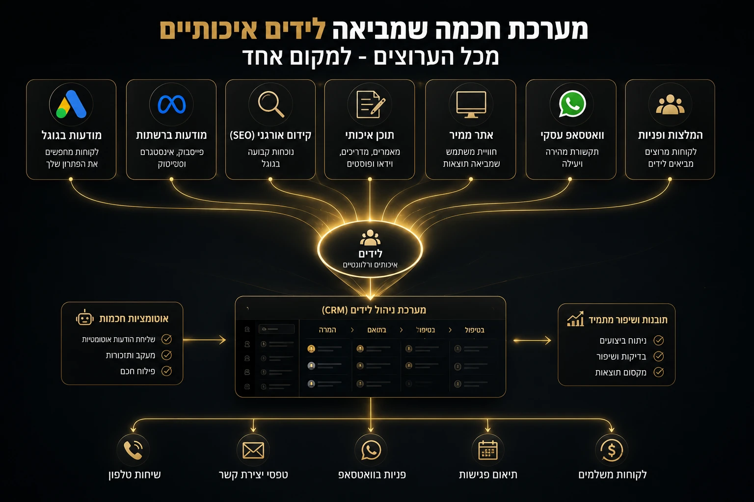 מערכת שיווק רב־ערוצית שמחברת בין פרסום, אתר, תוכן, וואטסאפ ו־CRM ליצירת לידים