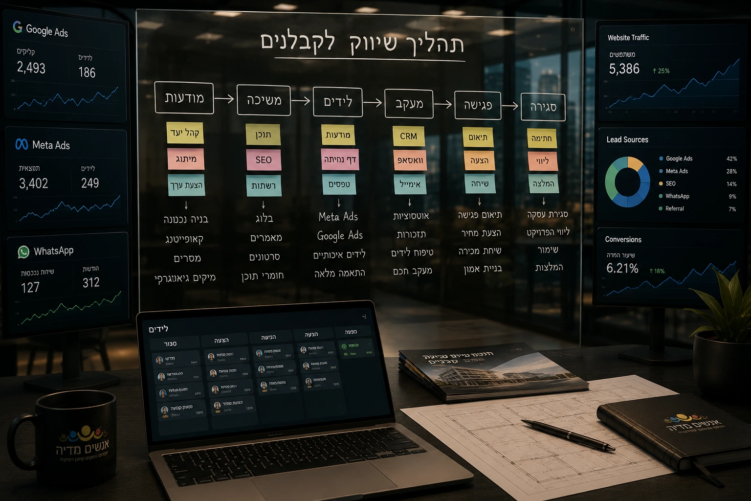 חדר ישיבות המציג תהליך שיווק לקבלנים באמצעות מערכות דיגיטליות